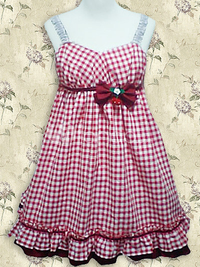  Gingham Shoes on Cotton Red White Check Gingham School Lolita Dress