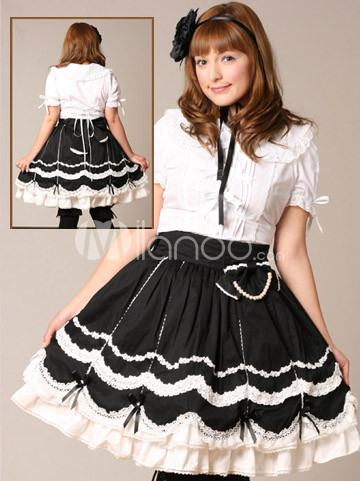 Black  White Maxi Dress on Cotton White Lolita Blouse And Black Lolita Skirt Outfit