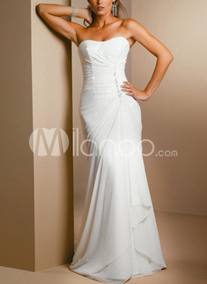 Simple A-line Strapless Beading Satin Chiffon Wedding Dress