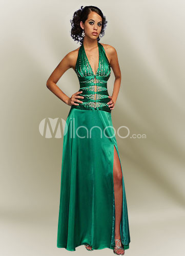 Dark Green Halter A-line Satin Prom Dress/Homecoming Maxi Dress