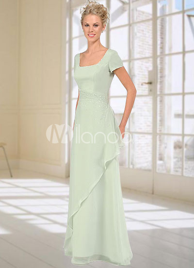 Sage Short Sleeves Chiffon Mother Of Bride And Groom Dress