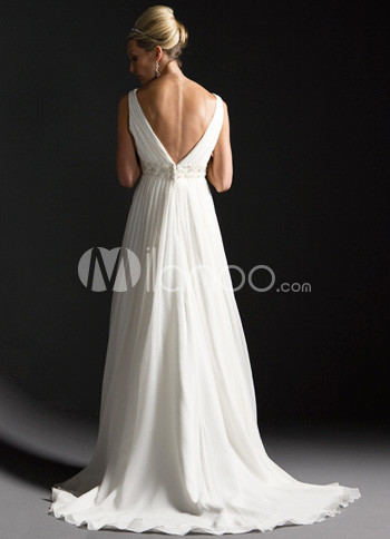 White Deep VNeck Empire Waist Satin Chiffon Wedding Dress