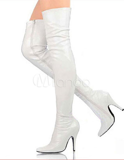 Fashion High Heels Game on High Heel White Patent Thigh High Sexy Boots   Milanoo Com