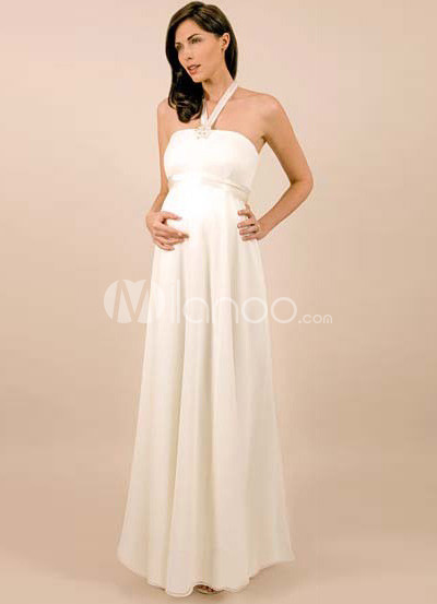 White Halter Chiffon Maternity Wedding Dress