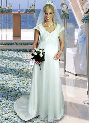 Short Sleeves Vneck Sweep Lace Trim Organza Satin Maternity Wedding Dress