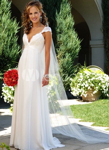 Cap Sleeves Empire Waist VNeck Satin Chiffon Wedding Dress