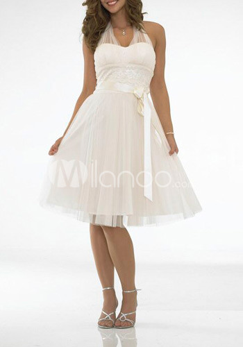 White Halter Embroidery Sash Satin Mini Wedding Dress