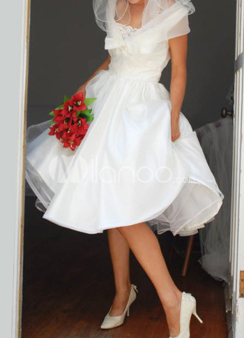 White Tea Length Taffeta Mini Wedding Dress
