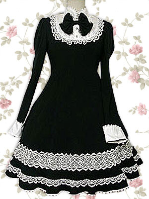 Cotton Black Long Sleeves Lace Applique Cotton Gothic Lolita Dress