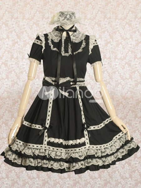 Cotton Black Short Sleeves Lace Cotton Gothic Lolita Dress