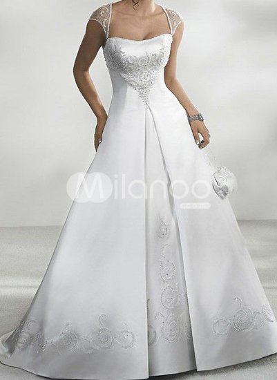 White Aline Embroidery Satin Wedding Dress