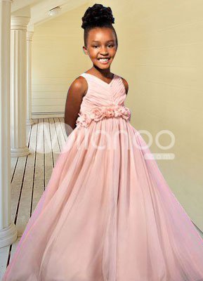 Beautiful Pink Sleeveless V-Neck Taffeta Flower Girl Dress