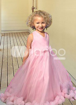 Lovely Pink Sleeveless V-Neck Satin Flower Girl Dress