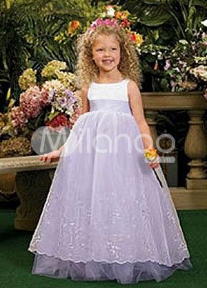 Sleeveless Embroidery Satin Organza Flower Girl Dress