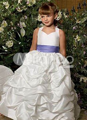 White Ruched Bottom Sash Taffeta Flower Girl Dress