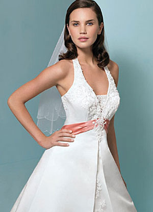 Casual Aline Halter Sash Beading Embroidery Lace Satin Bridal Dress