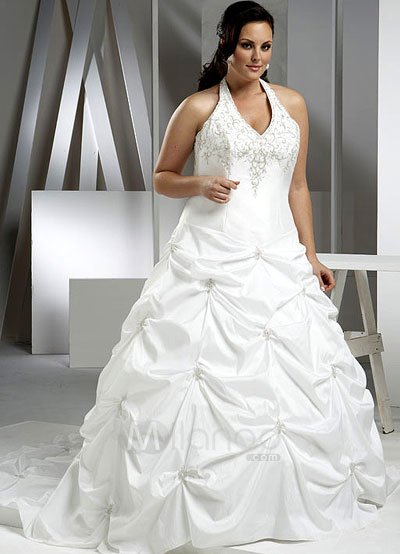 Cheap Juniors  Size Clothing on White Halter Embroidery Taffeta Plus Size Wedding Dress   Milanoo Com