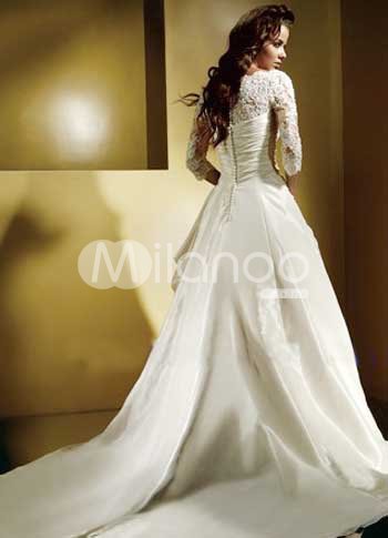 Autumn Aline Three Quarter Sleeves Applique Beading Satin Wedding Dress