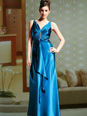Royal Blue Halter V-Neck Beaded Satin Mother Of Bride And Groom Dress
