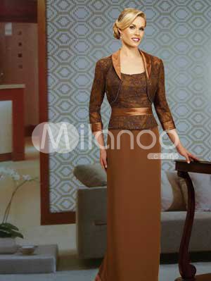 Brown Sash Satin Mother Of Bride And Groom Dress