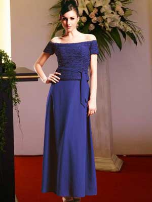 Gorgeous Royal Blue Off-The-Shoulder Short Sleeves Satin Mother Of Bride And Groom Dress