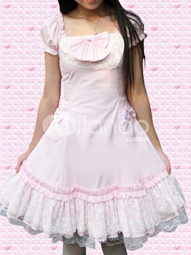 Cotton Pink Lace Short Sleeves Cosplay Lolita Dress