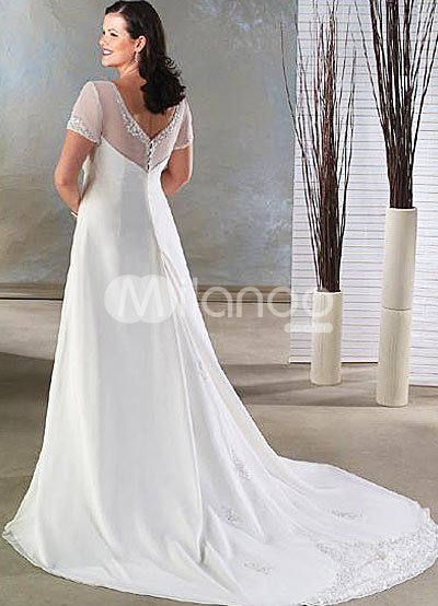 Chiffon Bridal Gowns on Empire Waist V Neck Beading Satin Chiffon Wedding Dress   Milanoo Com