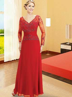 Red V-Neck Beadings Satin Chiffon Mother Of Bride And Groom Dress