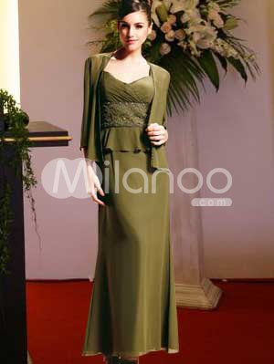 Green Spaghetti Satin Chiffon Mother Of Bride And Groom Dress