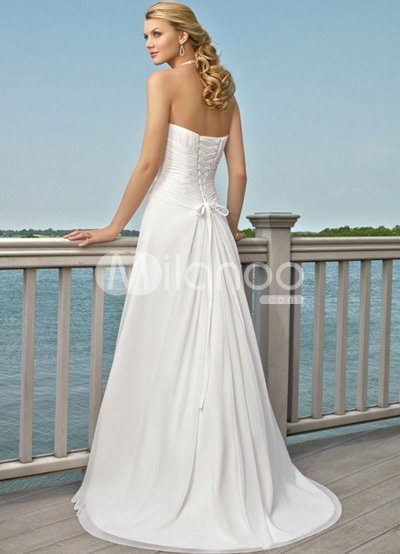 Simple White Aline Halter Beading Satin Wedding Dress