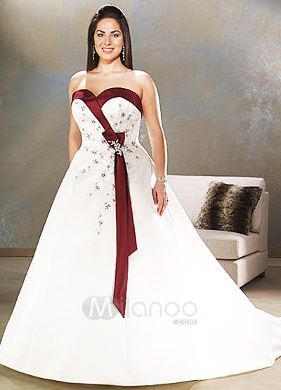 White And Red Aline Sweetheart Satin Beading Plus Size Wedding Gown