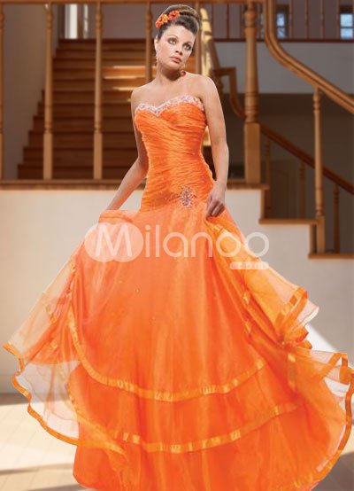 Gorgeous Orange Ball Gown Strapless Sweetheart Satin Organza Evening Dress