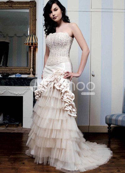 Princess Strapless Beading Embroidery Satin Net Wedding Dress