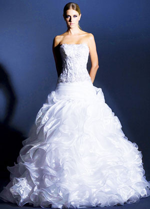 White Ball Gown Strapless Beading Embroidery Organza Satin Wedding Quinceanera Gown
