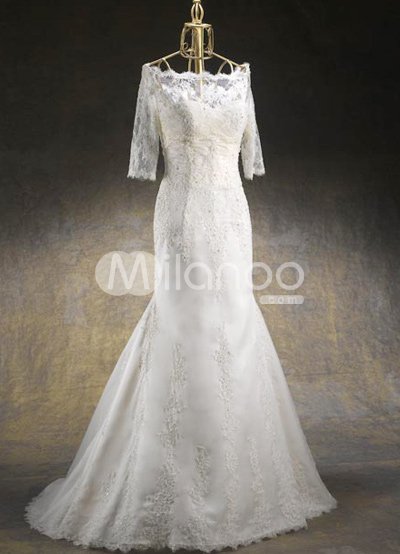 Sleeved Wedding Dresses on Shoulder 3 4 Sleeves Beading Embroidery Satin Organza Wedding Dress