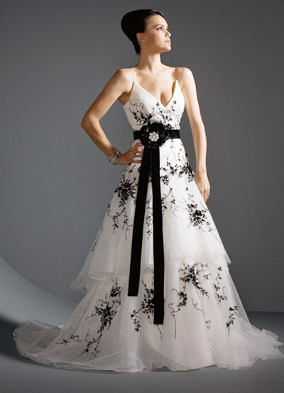 White Unique Aline VNeck Embroidery Black Sash Satin Organza Wedding Dress