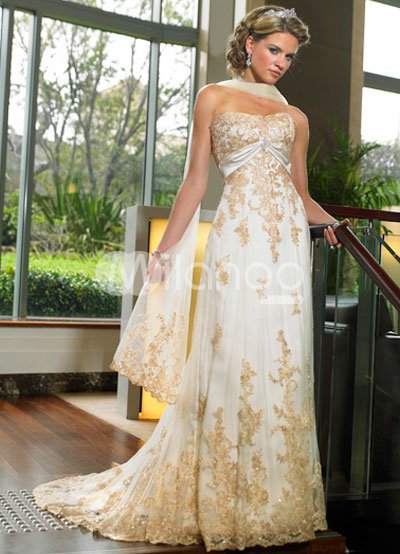 Lace Aline Strapless Empire Waist Applique Beading Satin Wedding Dress