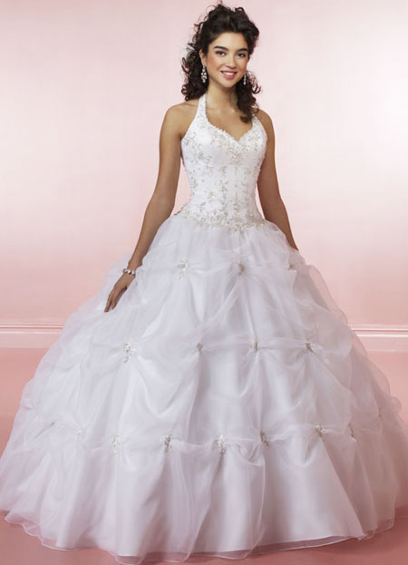 Ball Gown Halter V-Neck Beading Embroidery Satin Organza Prom Quinceanera Dress