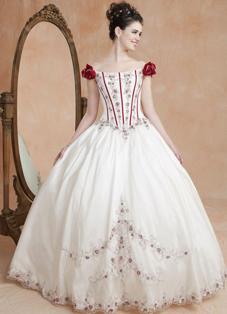 White Ball Gown Off-The-Shoulder Beading Embroidery Satin Lace Prom Quinceanera Dress