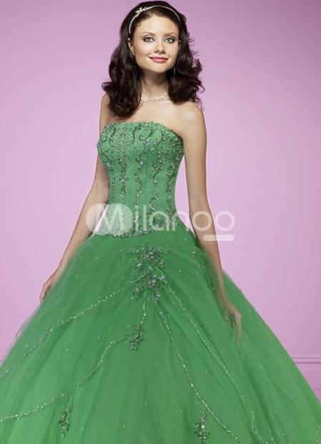 Green Ball Gown Strapless Beading Embroidery Satin Tulle Ball Gown Dress