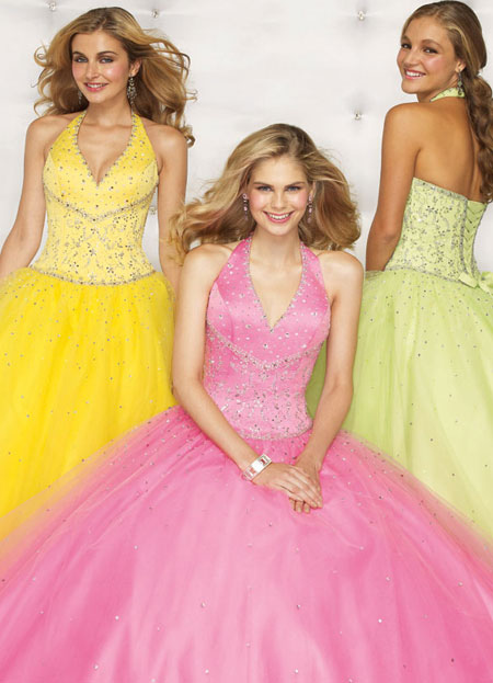 Ball Gown Halter V-Neck Beaded Embroidery Satin Organza Prom Quinceanera Dress