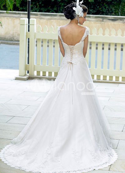  Sleeve Wedding Dress on Line Sweetheart Cap Sleeves Lace Satin Wedding Dress   Milanoo Com