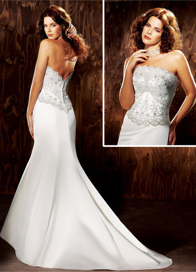 Fitted Sheath Strapless Beading Satin Wedding Dress