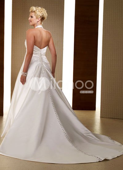 Plus Size Ivory Halter VNeck Beaded Satin Lace Wedding Dress