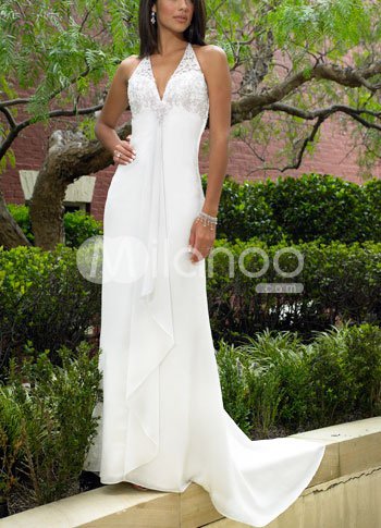 White Sheath V-Neck Empire Waist Halter Satin Wedding Dress