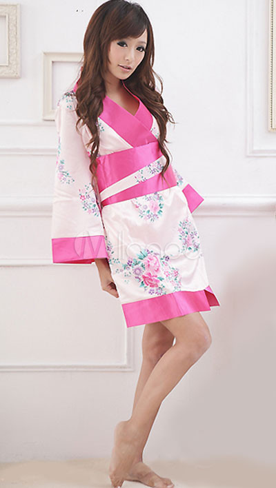 Fuchsia Long Sleeves Floral Kimono Sexy Dress