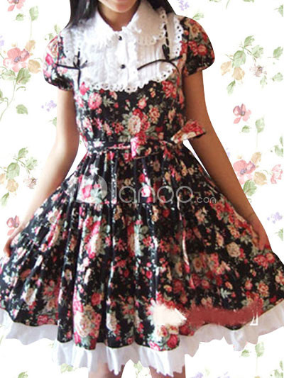 Cotton Black Floral Cosplay Lolita Dress