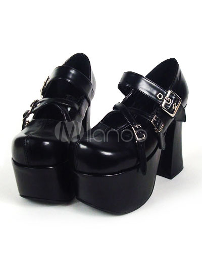 Buckle Shoe Boots on Platform Black Crisscross Buckle Pu Lolita Shoes   Milanoo Com