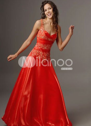 Red A-line V-Neck Applique Beading Satin Prom Dress