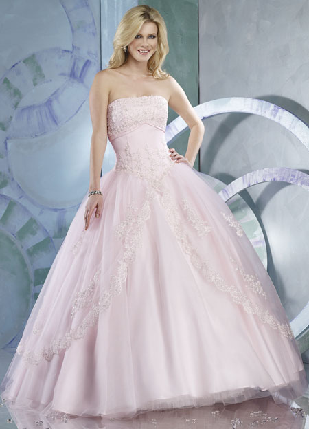 Pink Strapless Applique Beading Tulle Satin Ball Gown For Quinceanera